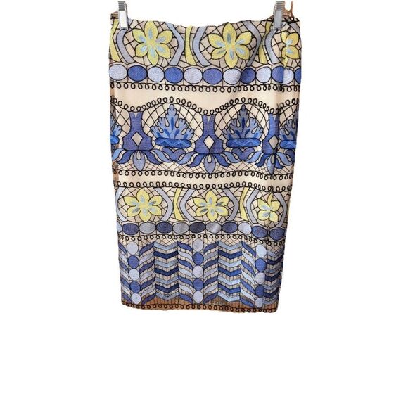 Beige ECI All Over Embroidery Midi Length Skirt 8 Teal Green Floral Lace Lined - Picture 2 of 14